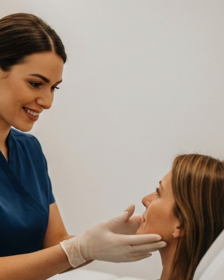 Consultation scene Female Aesthetic Clinician with client taking about biostimulators