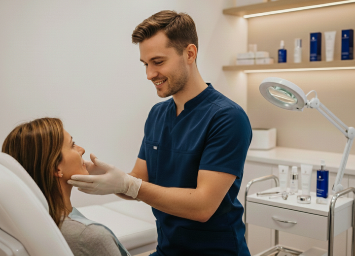 Consultation scene male Aesthetic Clinician with client taking about Facial treatments