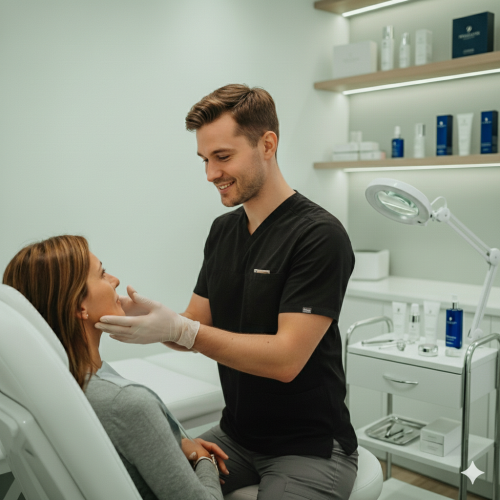 Consultation scene male Aesthetic Clinician with client taking about biostimulators